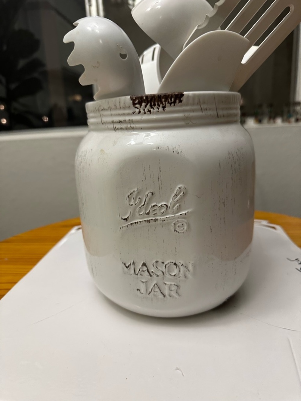 White Distressed Mason Jar Utensil Holder with Utensils - Picture 4 of 9
